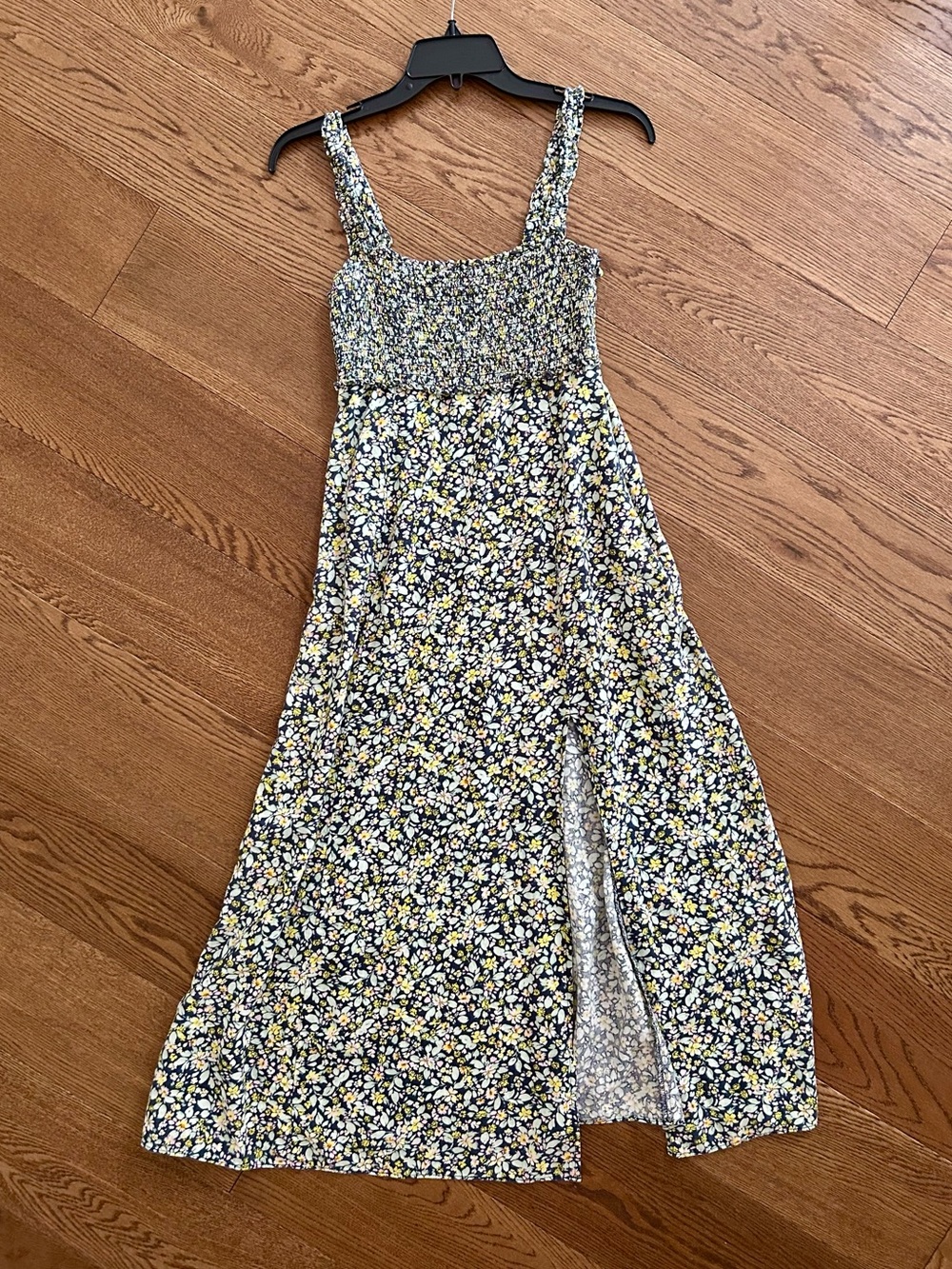 Zara Linen Blend Floral Smocked Sundress in Yellow and Navy